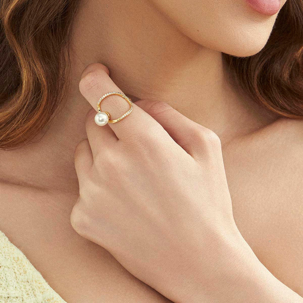Open Ring with Shell Pearl and Zirconia