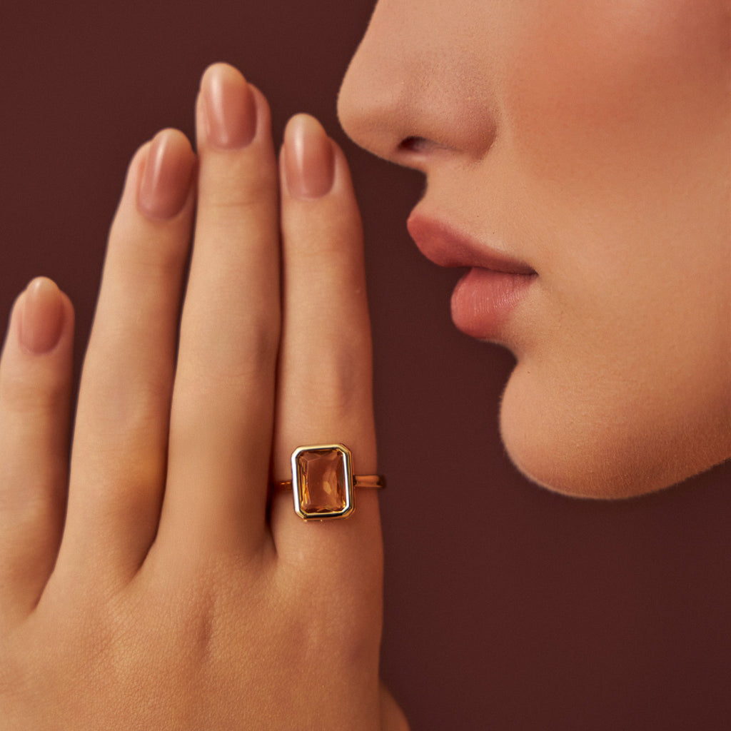 18K Gold-Plated Ring with Rectangular Crystal in Open Setting