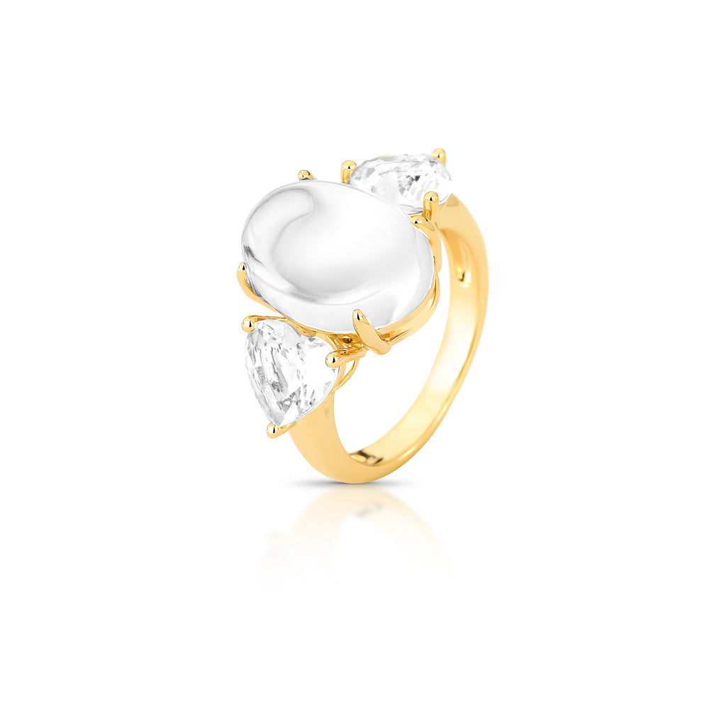 18K gold-plated ring with a smooth oval clear crystal and two faceted crystals