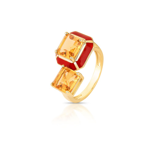 Gold-tone enamel ring with two square amber crystals and red enamel details
