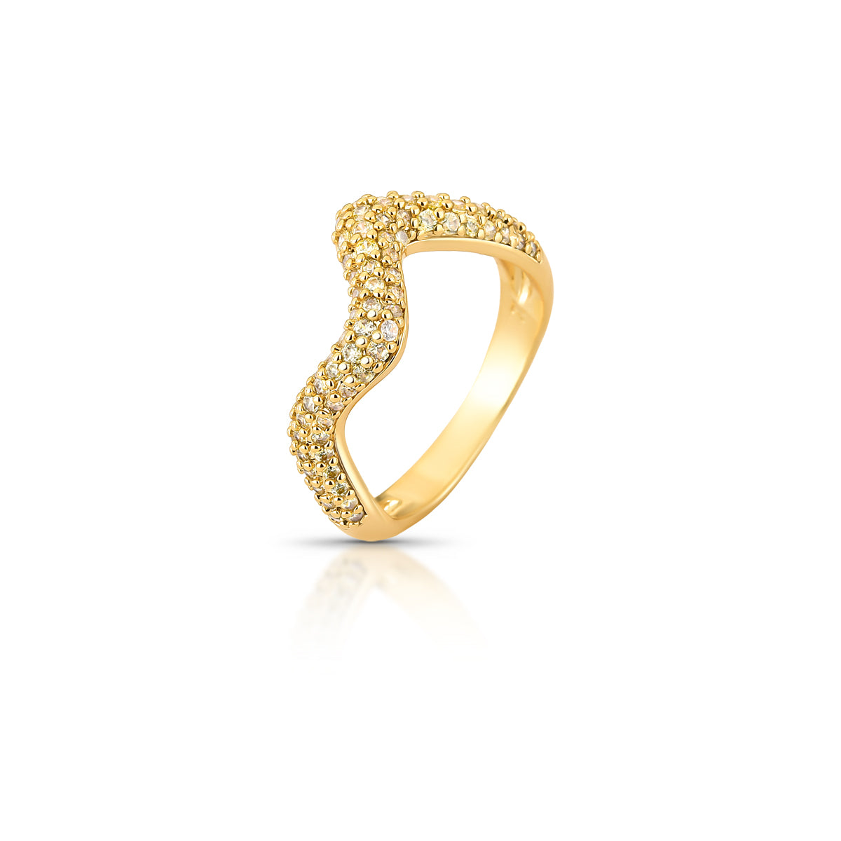 18K gold-plated twist ring featuring brilliant pavé zirconia in a sculptural open design.