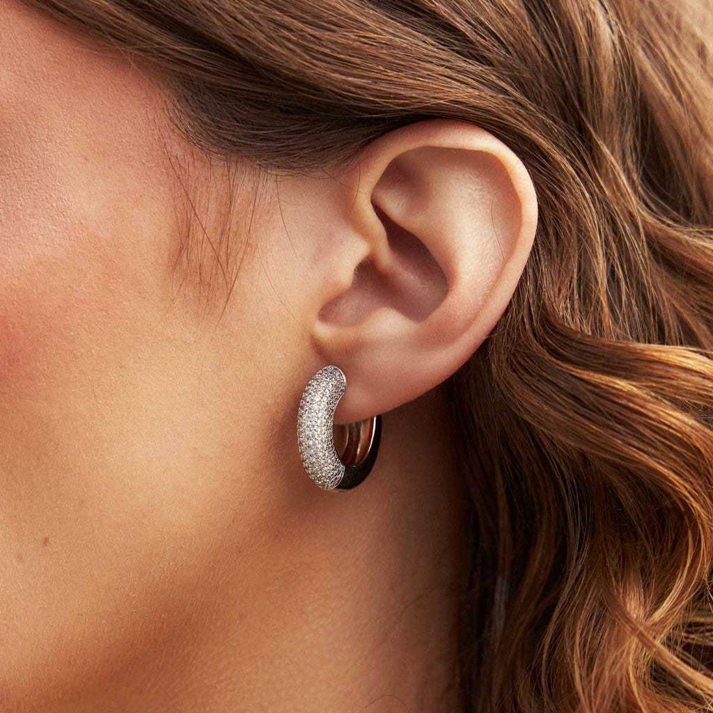 Rhodium-Plated Sterling Silver Pavé Zirconia Hoop Earrings