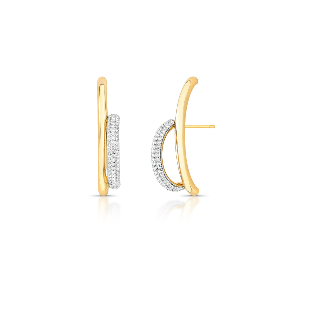 18K gold-plated curved earrings featuring pavé zirconia in an elegant open design against a white background.