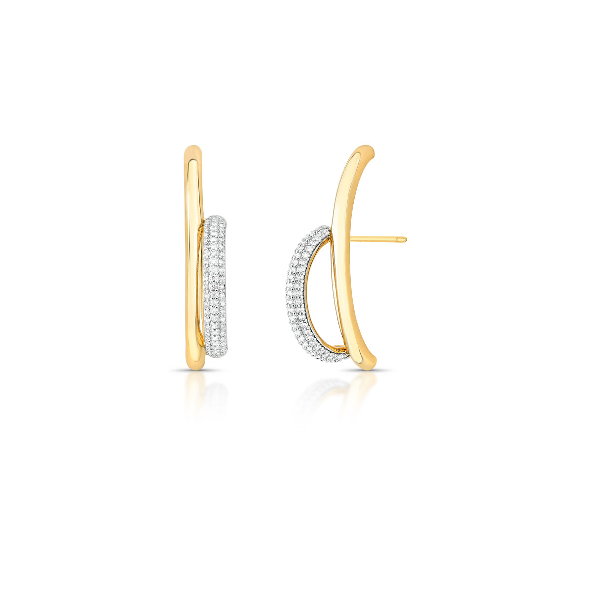18K gold-plated curved earrings featuring pavé zirconia in an elegant open design against a white background.