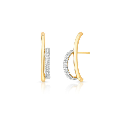 18K gold-plated curved earrings featuring pavé zirconia in an elegant open design against a white background.