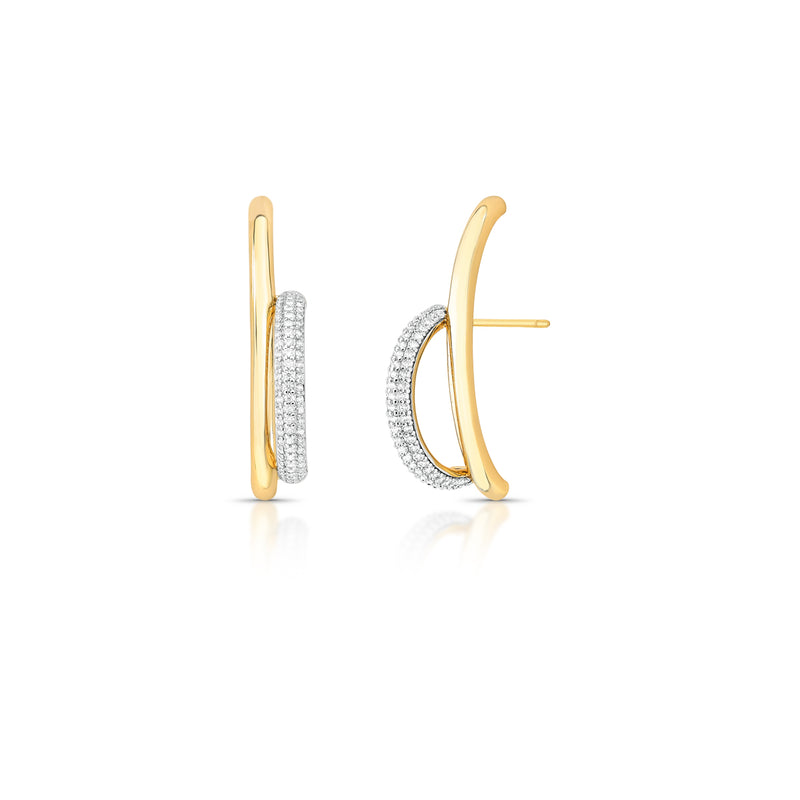 18K gold-plated curved earrings featuring pavé zirconia in an elegant open design against a white background.