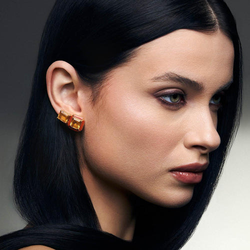 Enamel Earrings with Two Square Amber Crystals