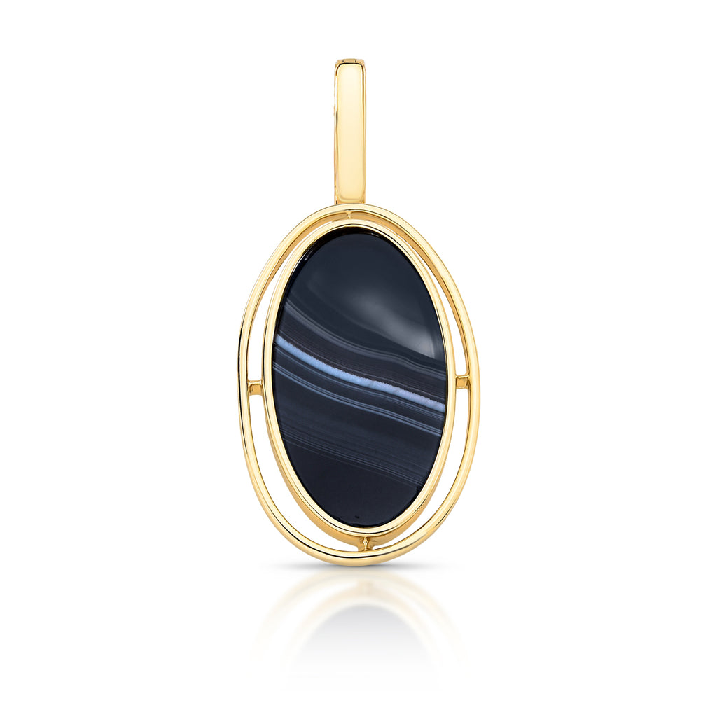 18K gold plated oval black agate pendant with blue-grey natural bands