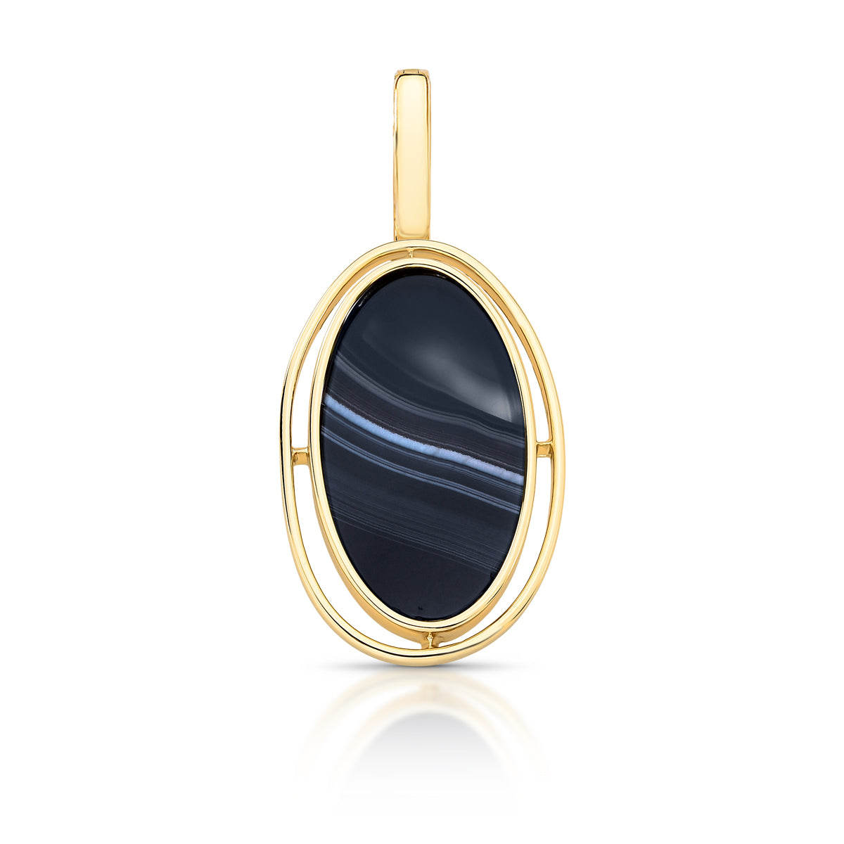 18K gold plated oval black agate pendant with blue-grey natural bands