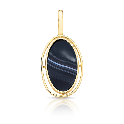 18K gold plated oval black agate pendant with blue-grey natural bands