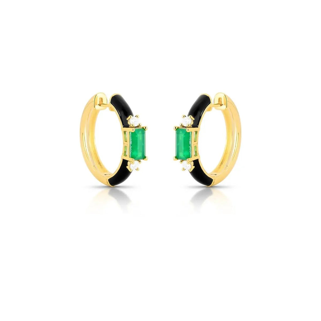 18K gold-plated hoop earrings featuring a green crystal surrounded by sparkling zirconia