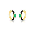 Gold hoop earrings with green gemstones and black enameled accents on a white background