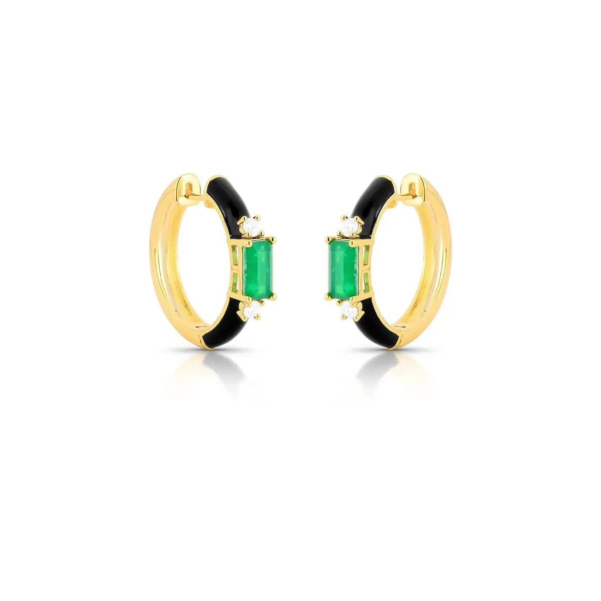 Gold hoop earrings with green gemstones and black enameled accents on a white background