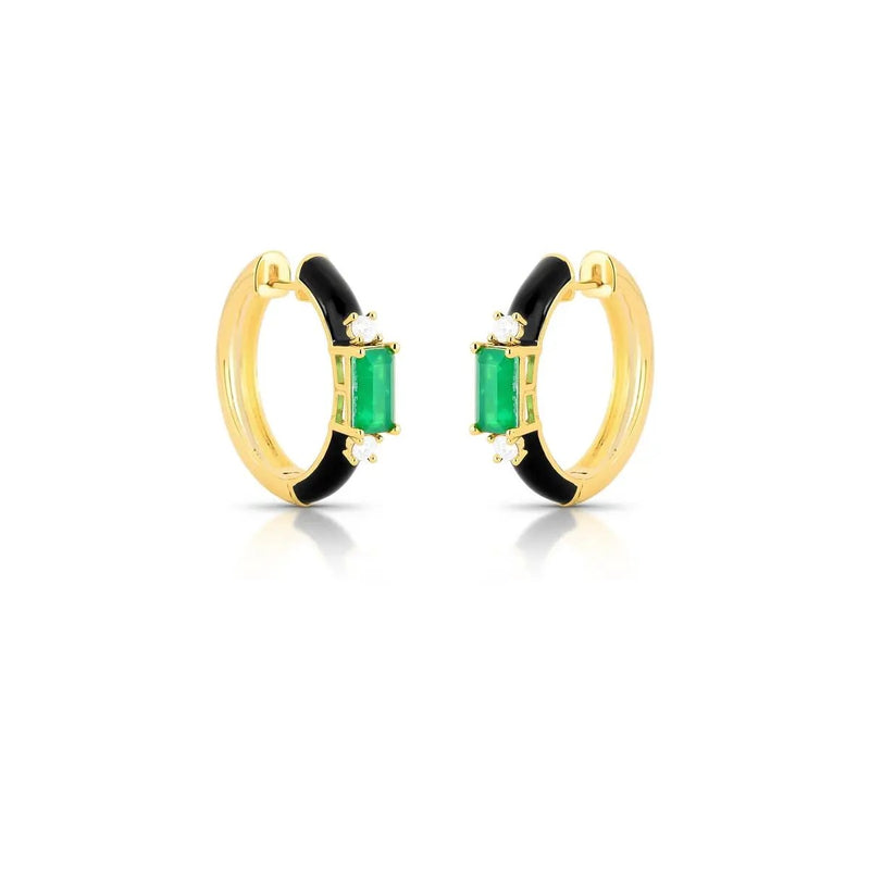 Gold hoop earrings with green gemstones and black enameled accents on a white background