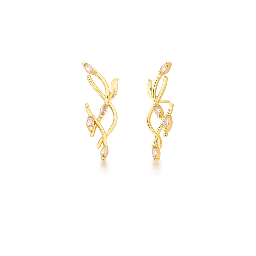 18K Gold-Plated Leaf Earrings with Navette Crystals