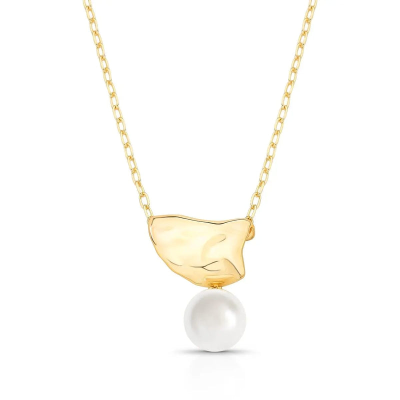18K Gold-Plated Necklace with Textured Pendant and Shell Pearl