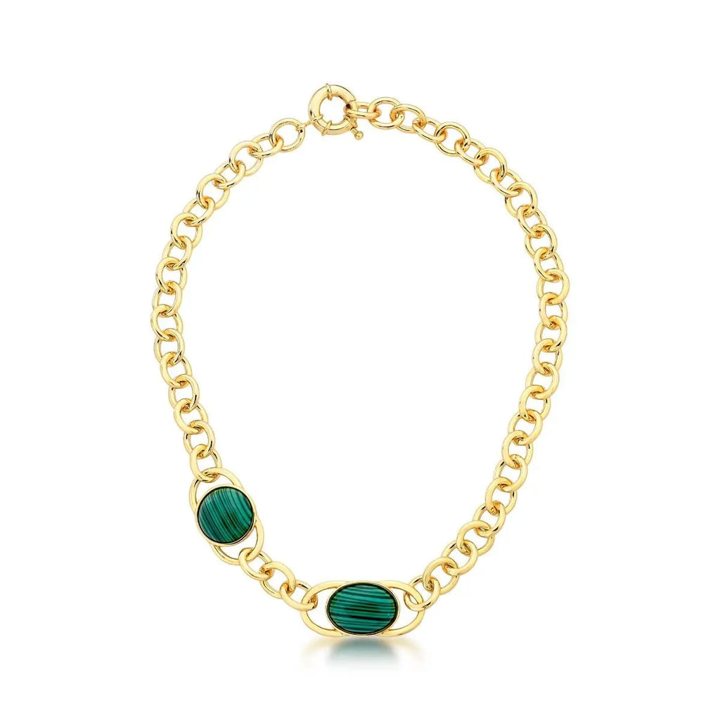 18K Gold-Plated Oval Link Necklace with Malachite