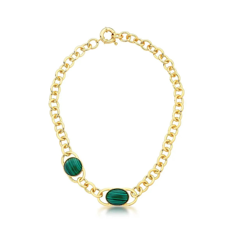 18K Gold-Plated Oval Link Necklace with Malachite