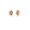 18K gold-plated floral stud earrings featuring a green oval crystal and pink marquise-cut crystals