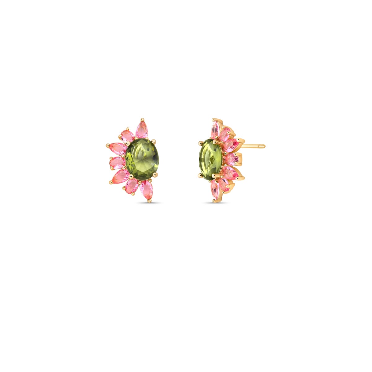 18K gold-plated floral stud earrings featuring a green oval crystal and pink marquise-cut crystals