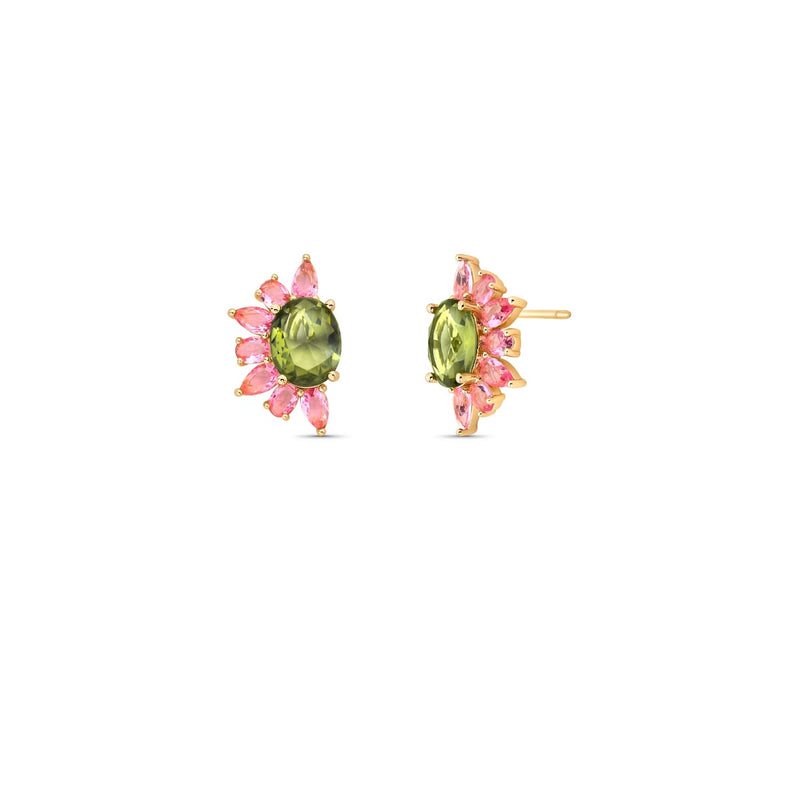 18K gold-plated floral stud earrings featuring a green oval crystal and pink marquise-cut crystals