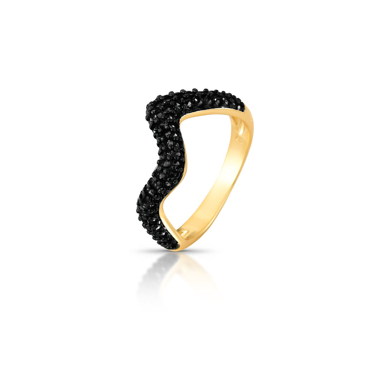 18K gold plated curved ring with three rows of black zirconia in a two-tone design