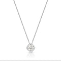 Rhodium plated sterling silver necklace with 6.5mm round clear moissanite pendant