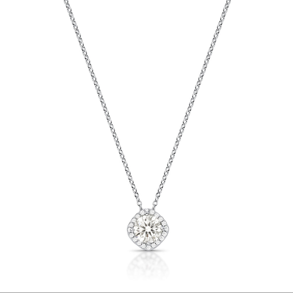Rhodium plated sterling silver necklace with 6.5mm round clear moissanite pendant