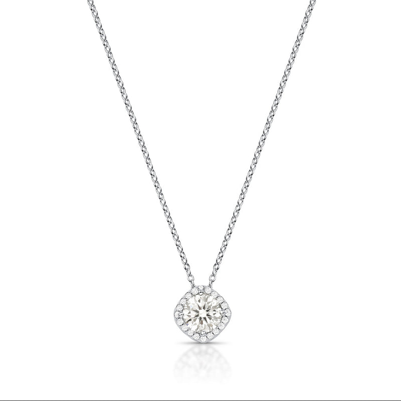 Rhodium plated sterling silver necklace with 6.5mm round clear moissanite pendant