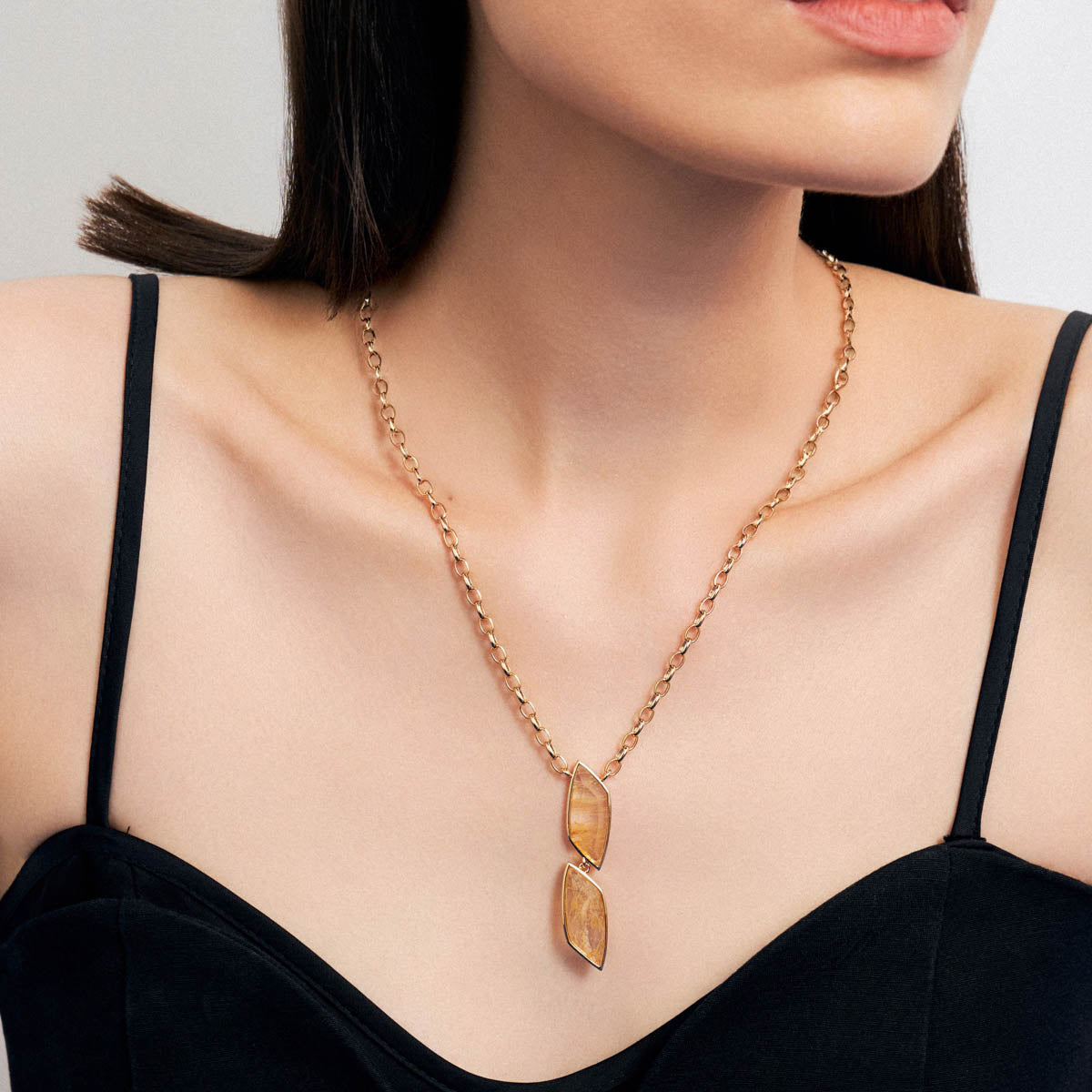 Navette Rutilated Quartz Pendant Necklace – 18K Gold Plated