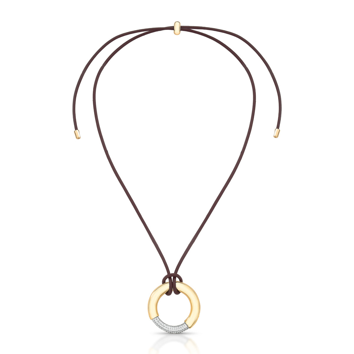 18K gold-plated circle pendant necklace with pavé zirconia on an adjustable brown cord against a white background.