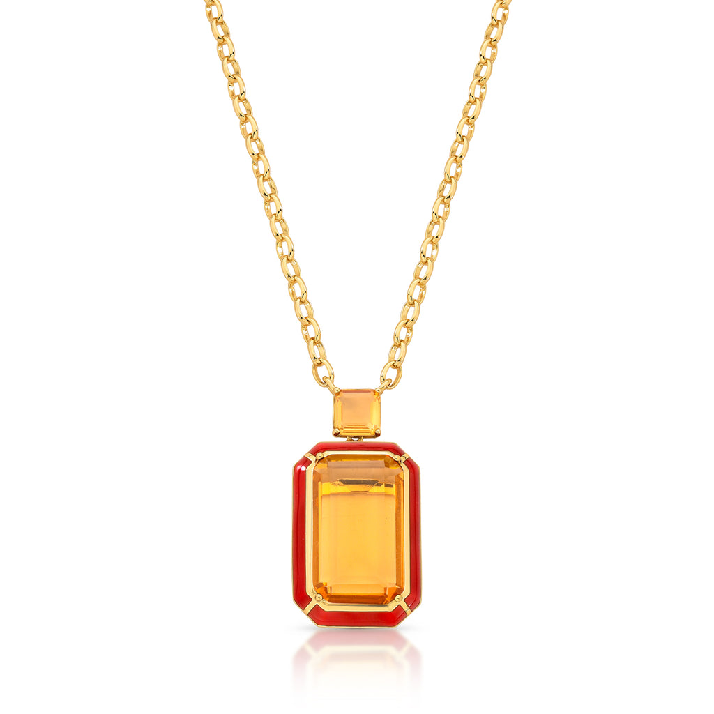 18K gold plated necklace with red enamel pendant and two amber crystals