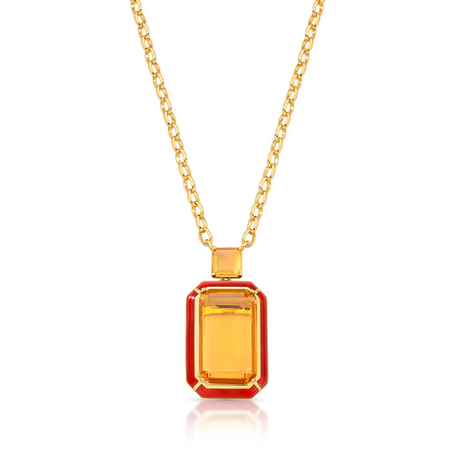 18K gold plated necklace with red enamel pendant and two amber crystals