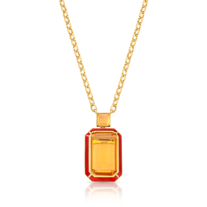 18K gold plated necklace with red enamel pendant and two amber crystals