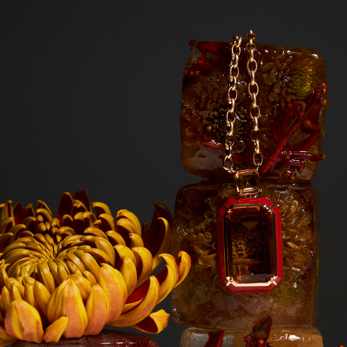 Enamel Pendant Necklace with Amber Crystals
