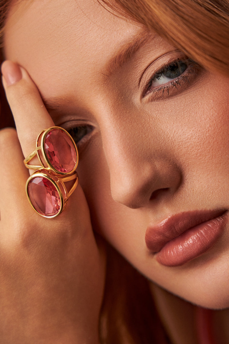 Bague ouverte ovale en cristal rose