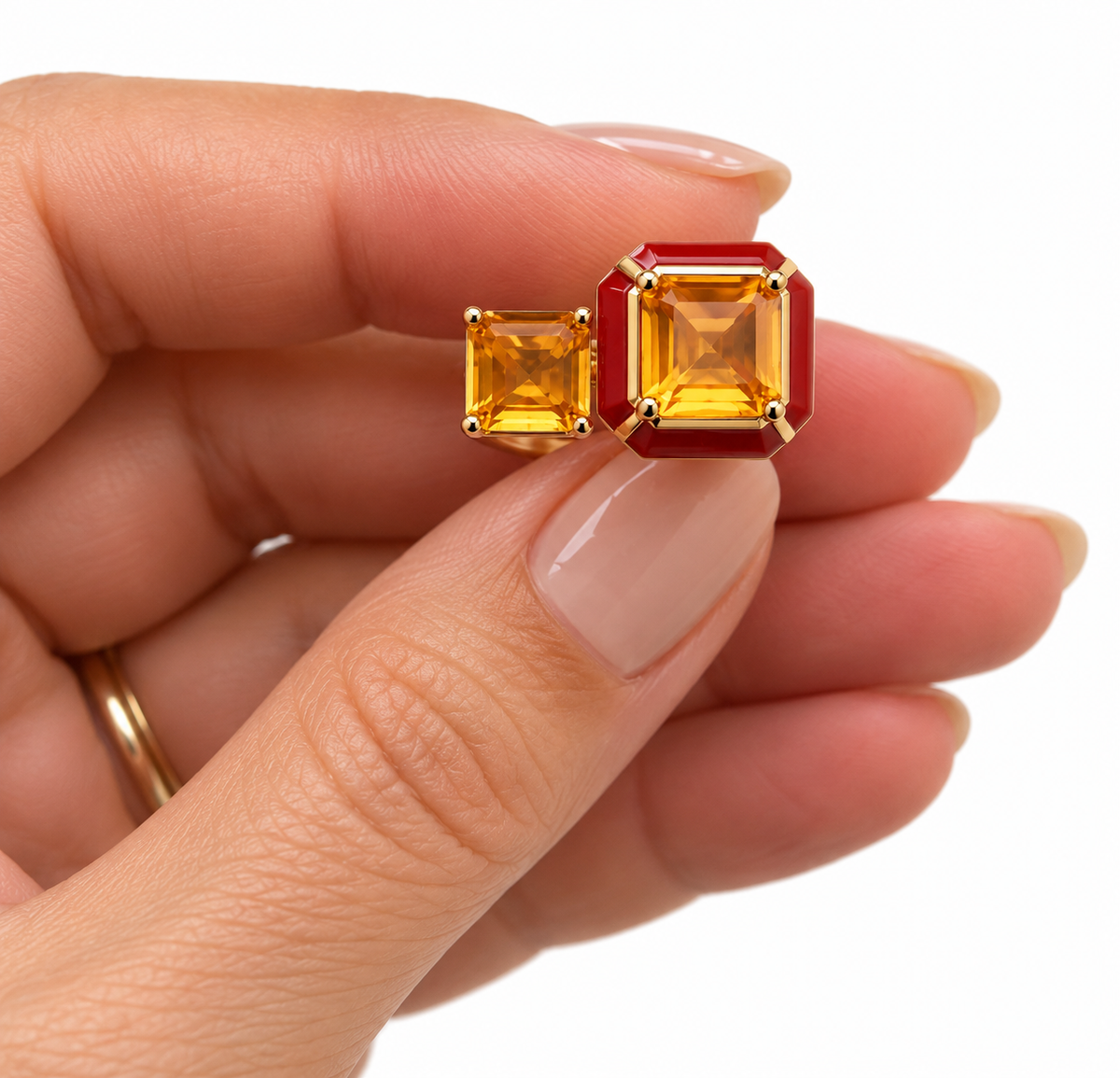 Enamel Ring with Two Square Crystals