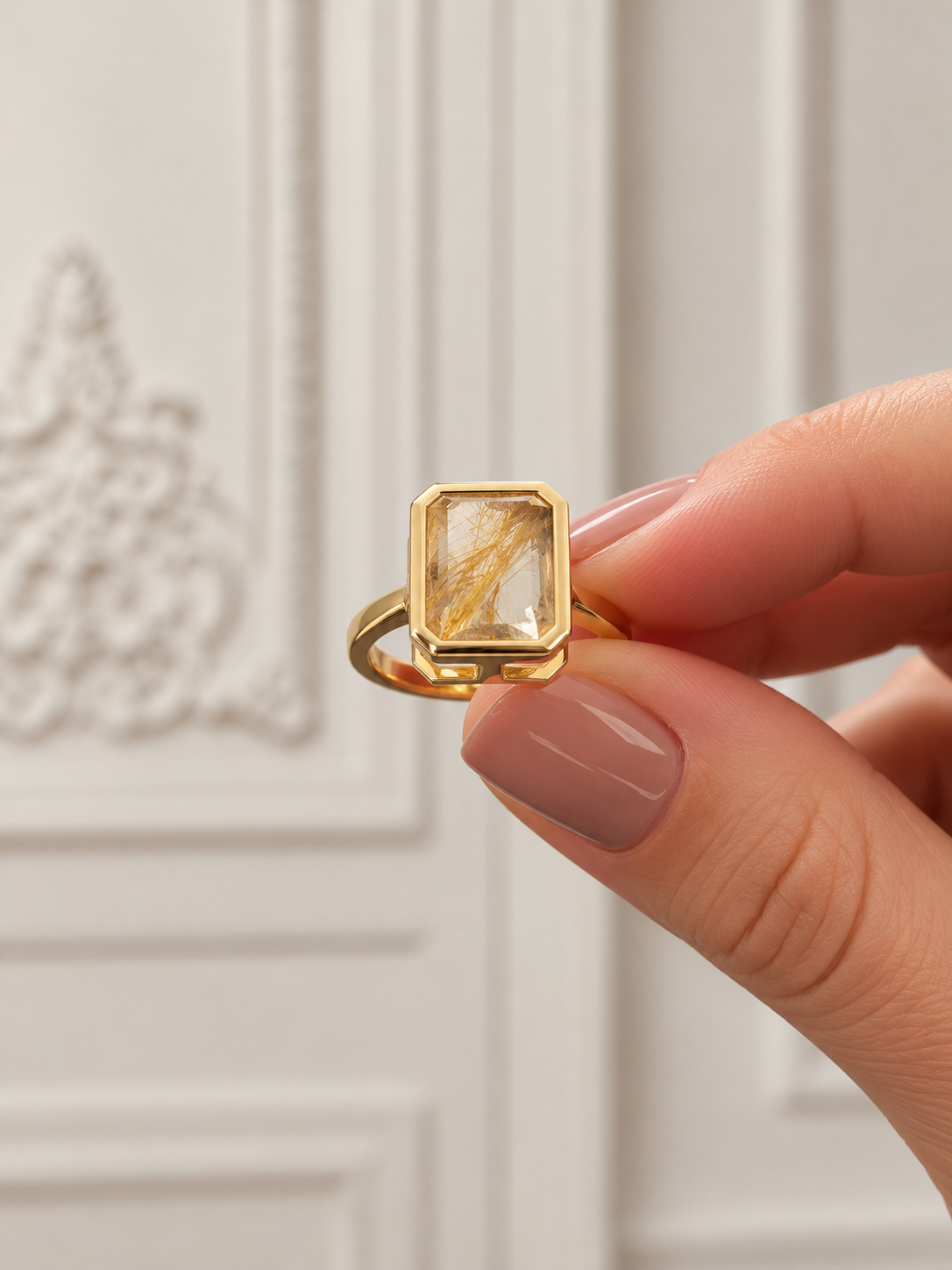 Anillo Abierto Rectangular de Cuarzo Rutilado