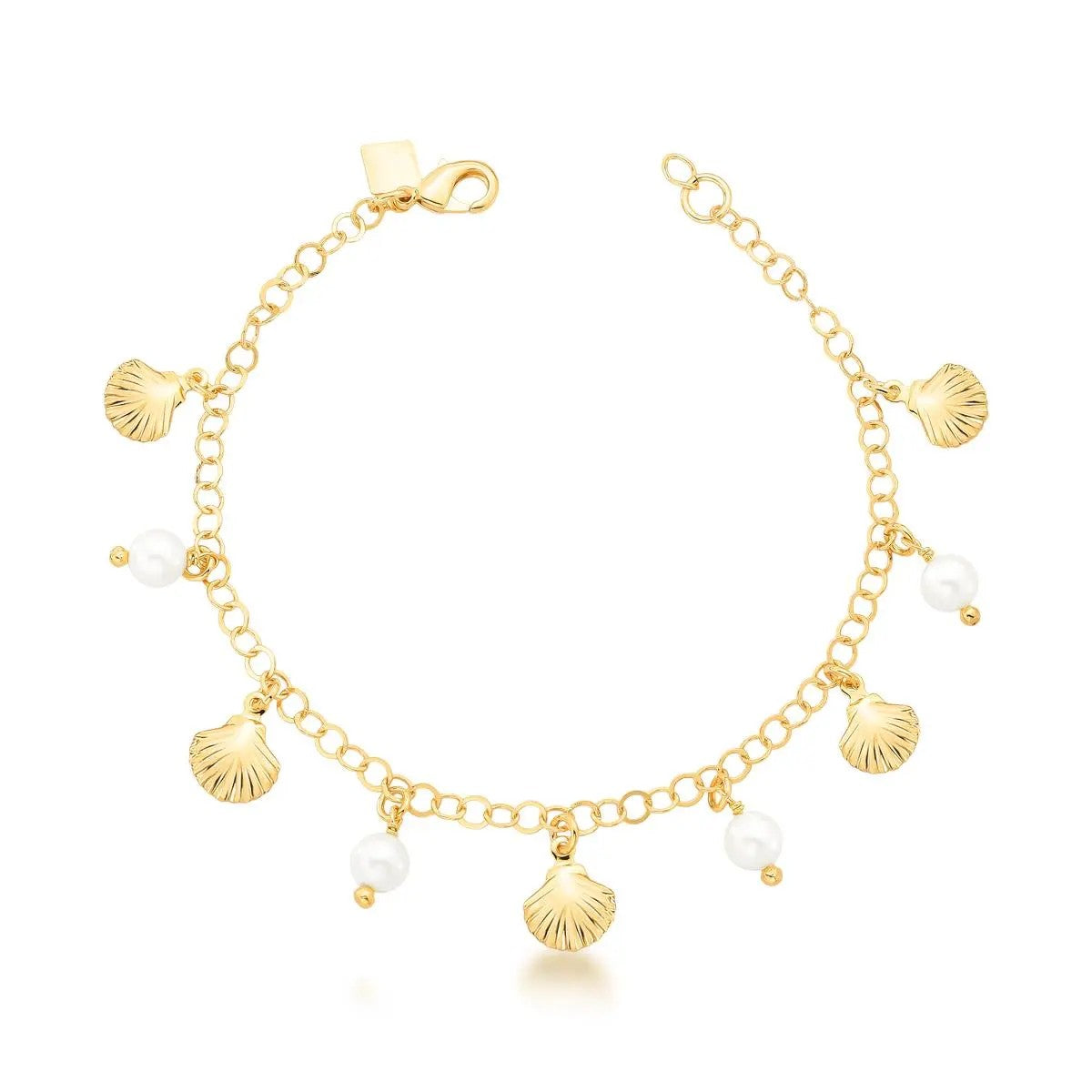 Gold bracelet with shell and pearl charms on a white background