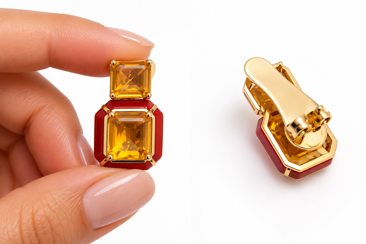 Enamel Earrings with Two Square Amber Crystals