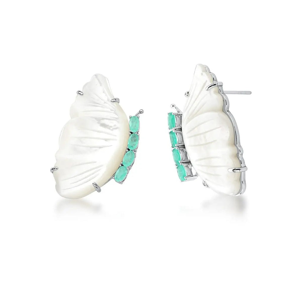 Rhodium-plated half butterfly earrings featuring mother-of-pearl and sparkling zirconia