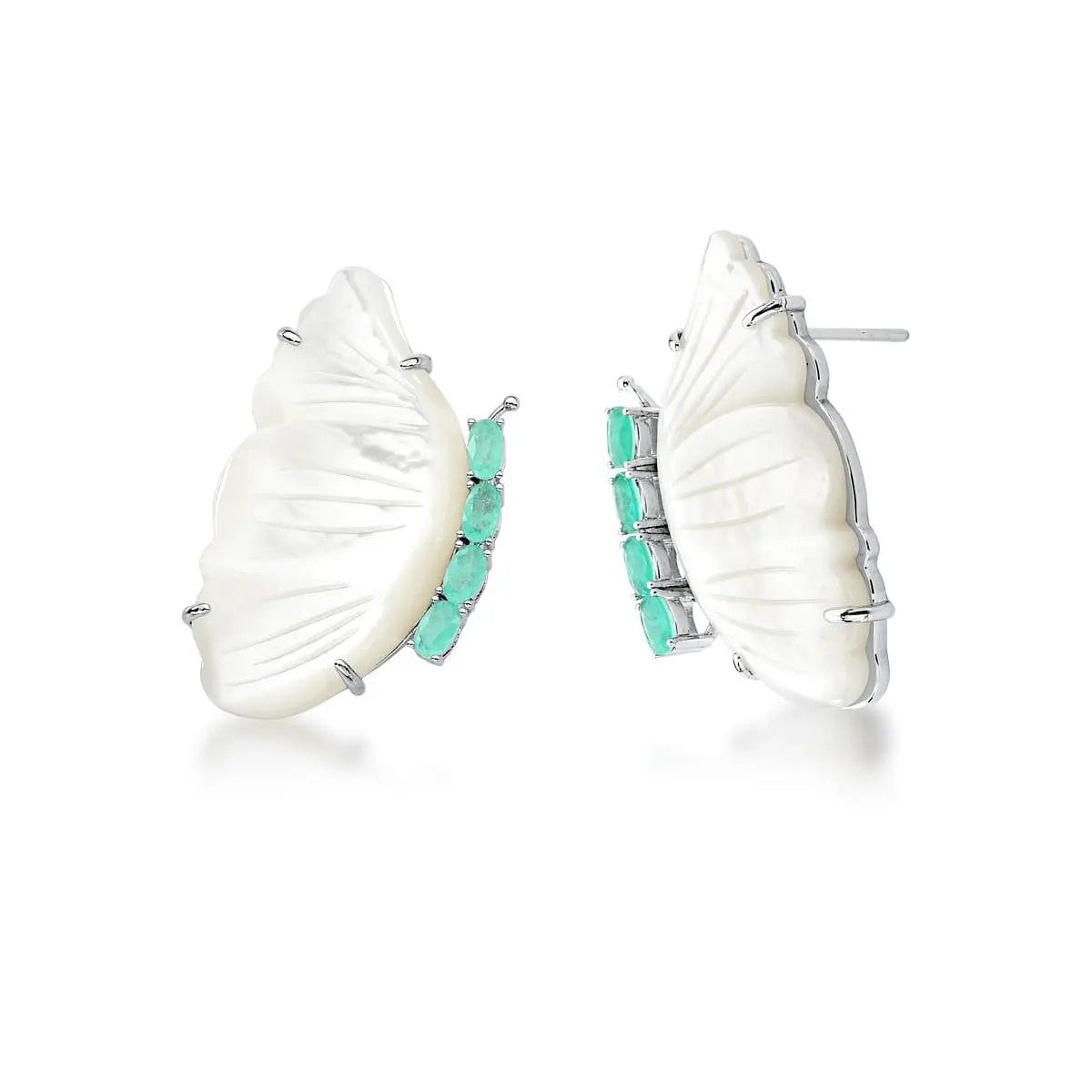 Butterfly-shaped earrings with white wings and turquoise accents 