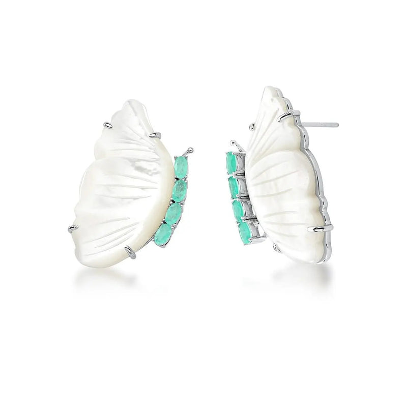 Butterfly-shaped earrings with white wings and turquoise accents 