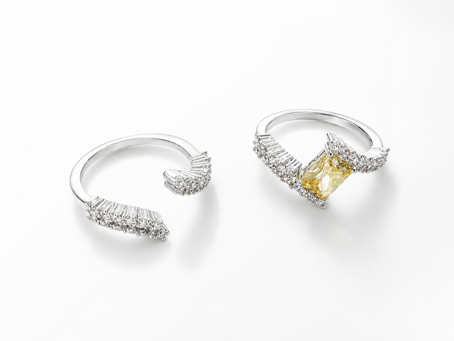 Open Double Ring with Yellow Crystal and Zirconias