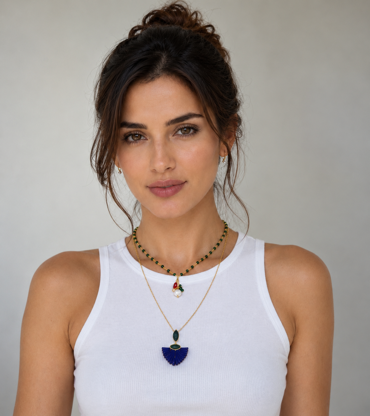 Fan Stone & Green Crystal Necklace