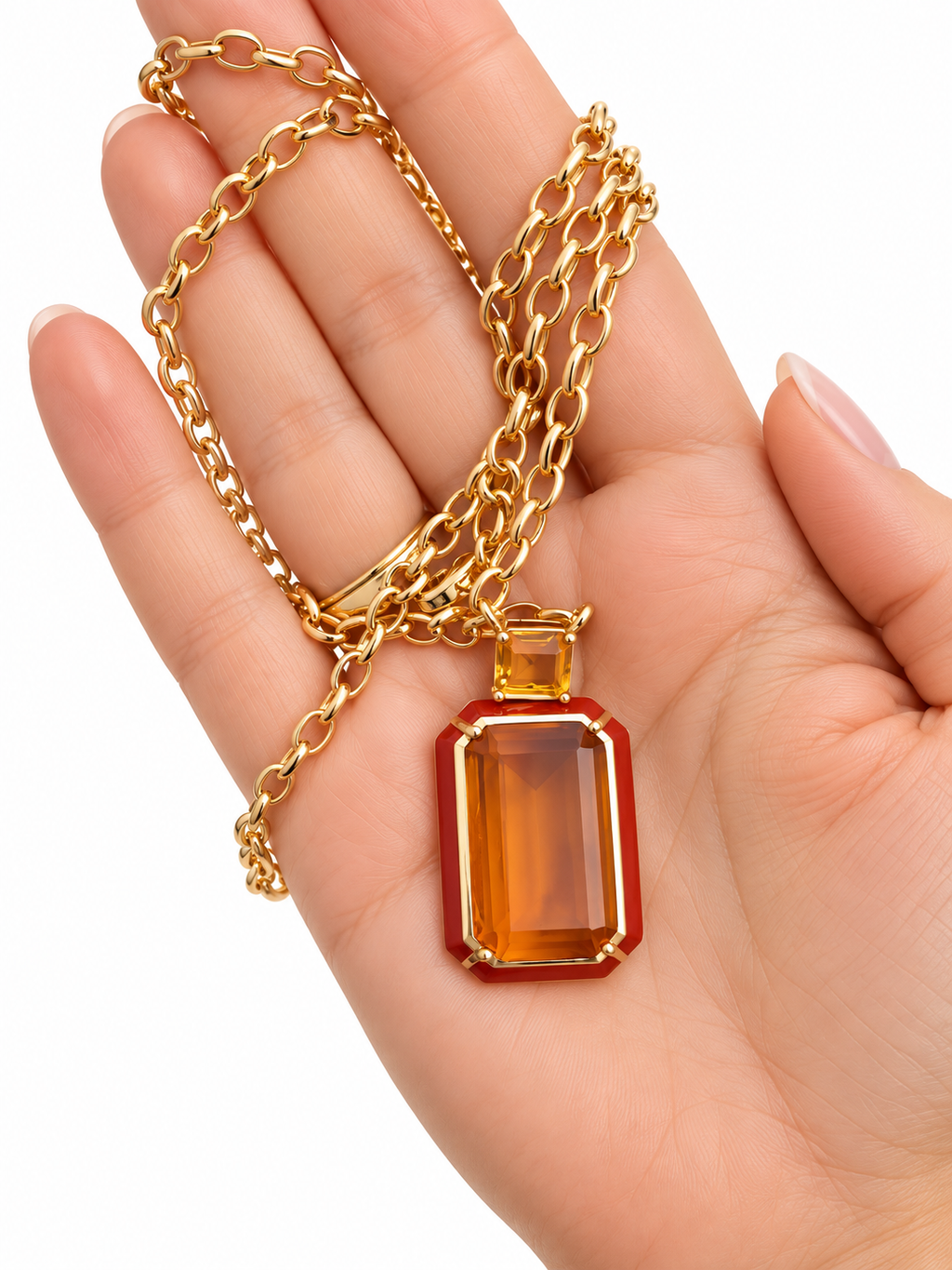 Collana con pendente smaltato e cristalli d'ambra