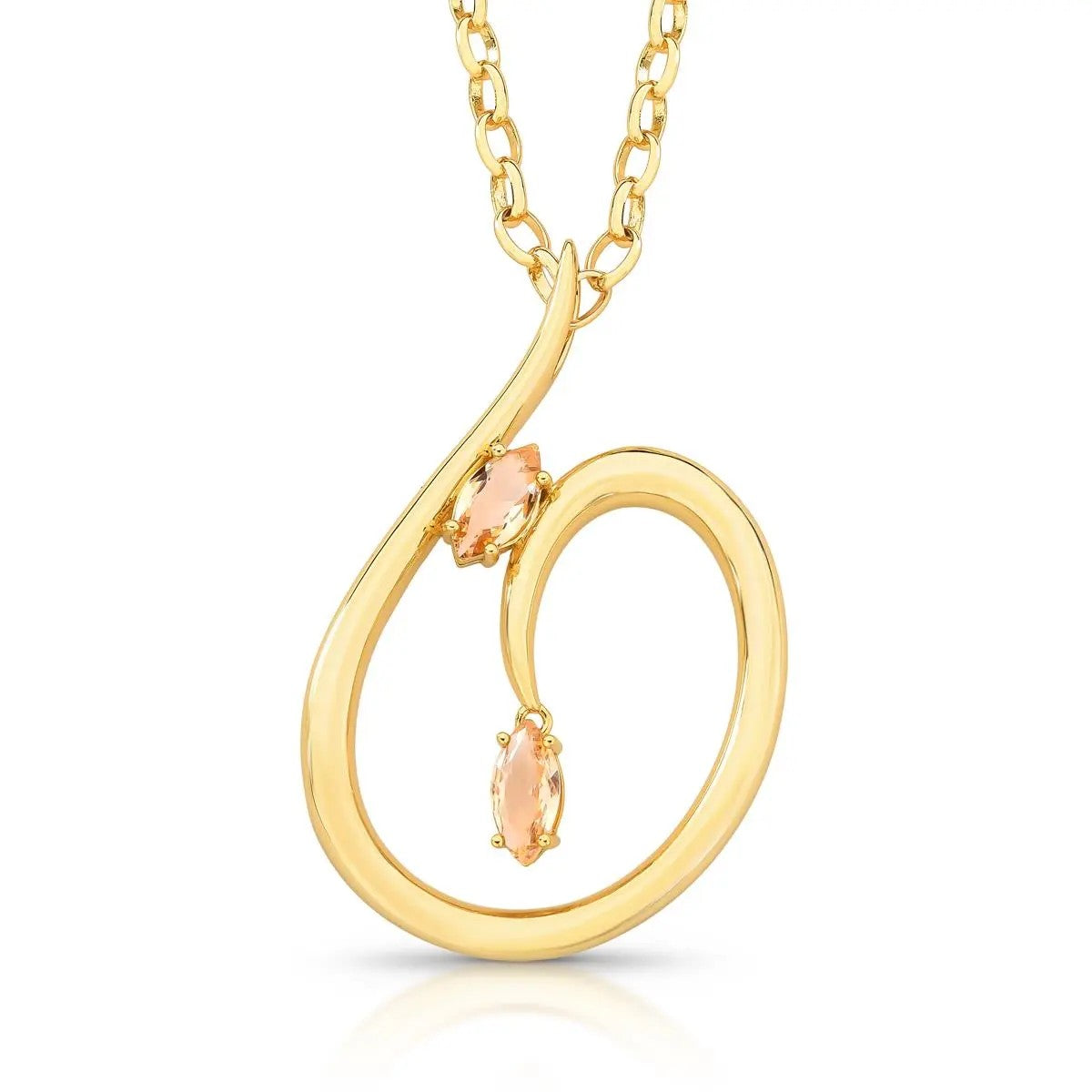Gold necklace with a circular pendant featuring two peach-colored gemstones on a white background