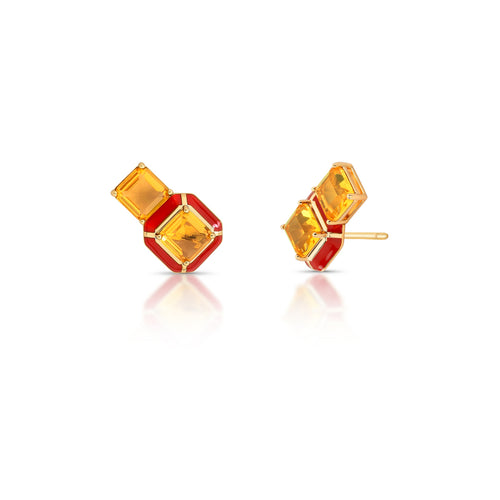 18K gold plated enamel earrings with two square amber crystals and red enamel details.