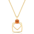 Geometric pendant necklace with a smooth brown stone and open golden frame