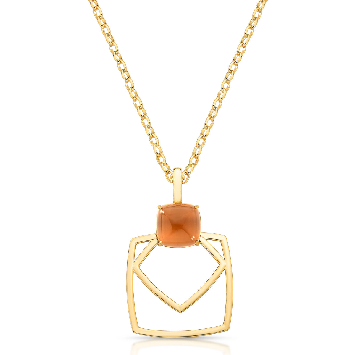 Geometric pendant necklace with a smooth brown stone and open golden frame